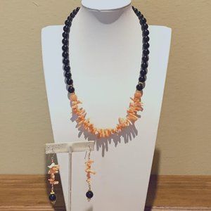 Pink Coral and Black Onyx beaded necklace and earrings!